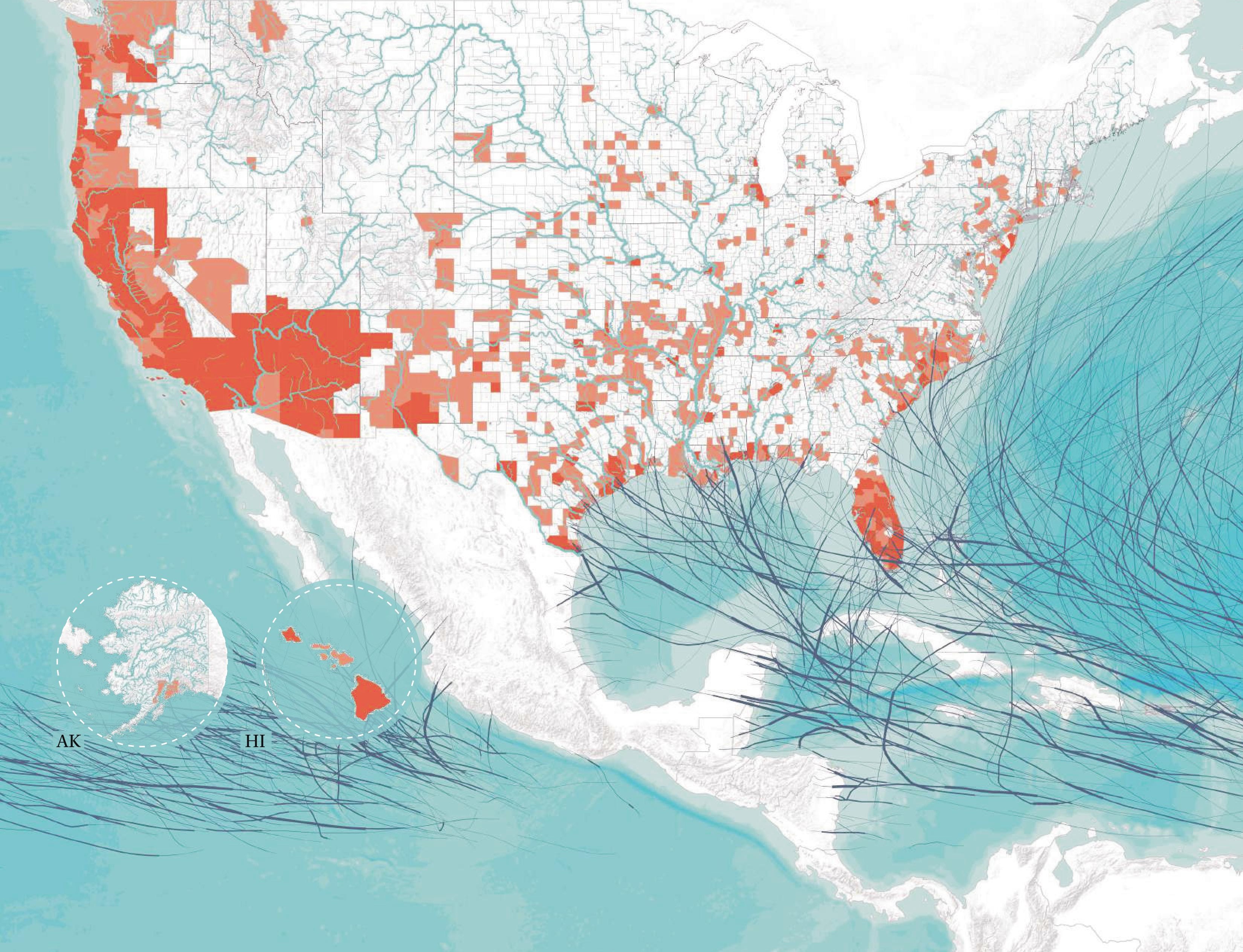 Hurricane paths between 1842-2022 and counties most at risk for all natural hazards